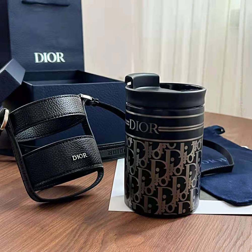 Dior Unisex Aqua Mug with Shoulder Strap Black Grained Calfskin and Dior Oblique Stainless Steel - image 6