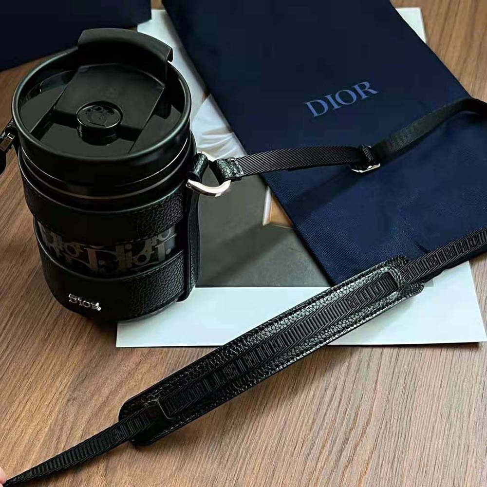 Dior Unisex Aqua Mug with Shoulder Strap Black Grained Calfskin and Dior Oblique Stainless Steel - image 9