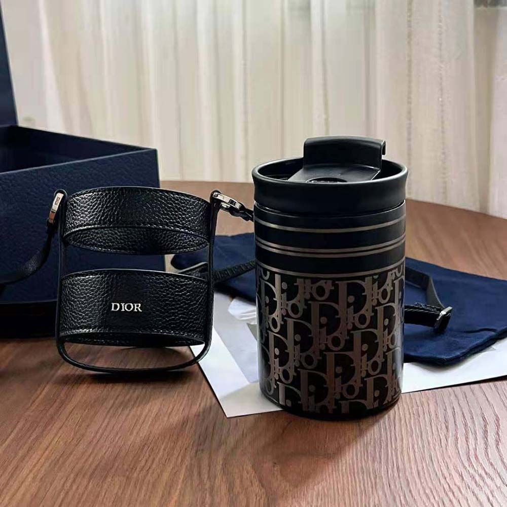 Dior Unisex Aqua Mug with Shoulder Strap Black Grained Calfskin and Dior Oblique Stainless Steel - image 4