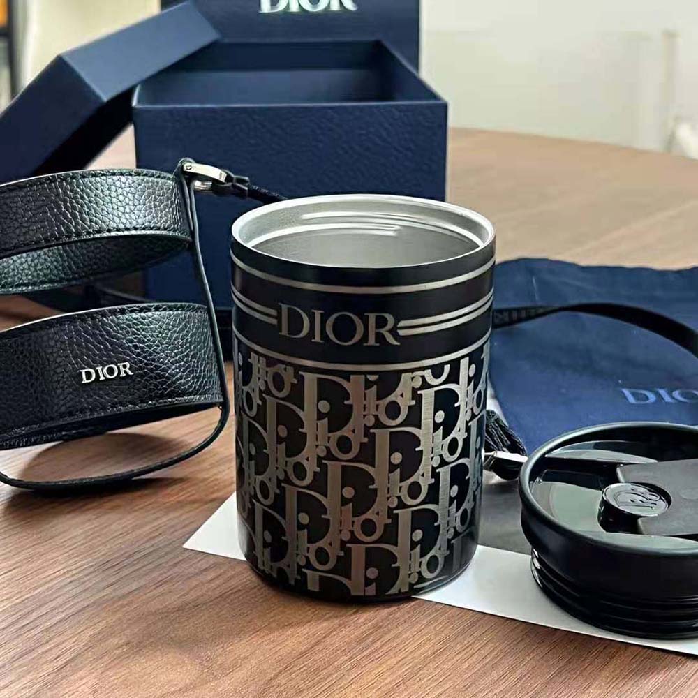 Dior Unisex Aqua Mug with Shoulder Strap Black Grained Calfskin and Dior Oblique Stainless Steel - image 8