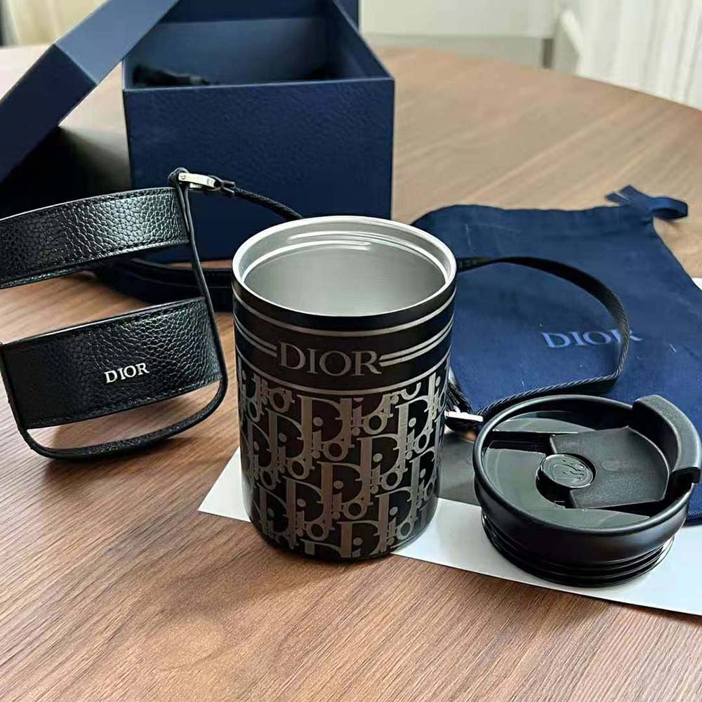 Dior Unisex Aqua Mug with Shoulder Strap Black Grained Calfskin and Dior Oblique Stainless Steel - image 7