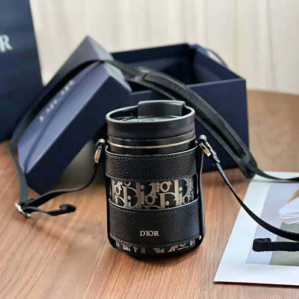 Dior Unisex Aqua Mug with Shoulder Strap Black Grained Calfskin and Dior Oblique Stainless Steel - image 5