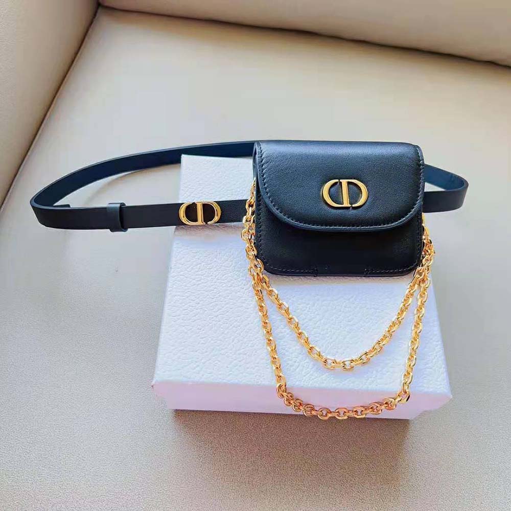Side profile showing sleek silhouette of Dior Women 30 Montaigne belt bag