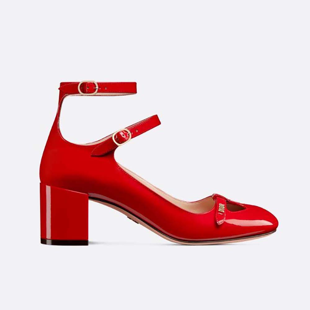 Front angle of Dior Women Aime Dior Pump Red Patent Calfskin showcasing heel