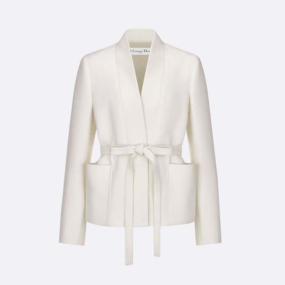 Front view of Dior Women Belted Palto Jacket White Wool and Silk