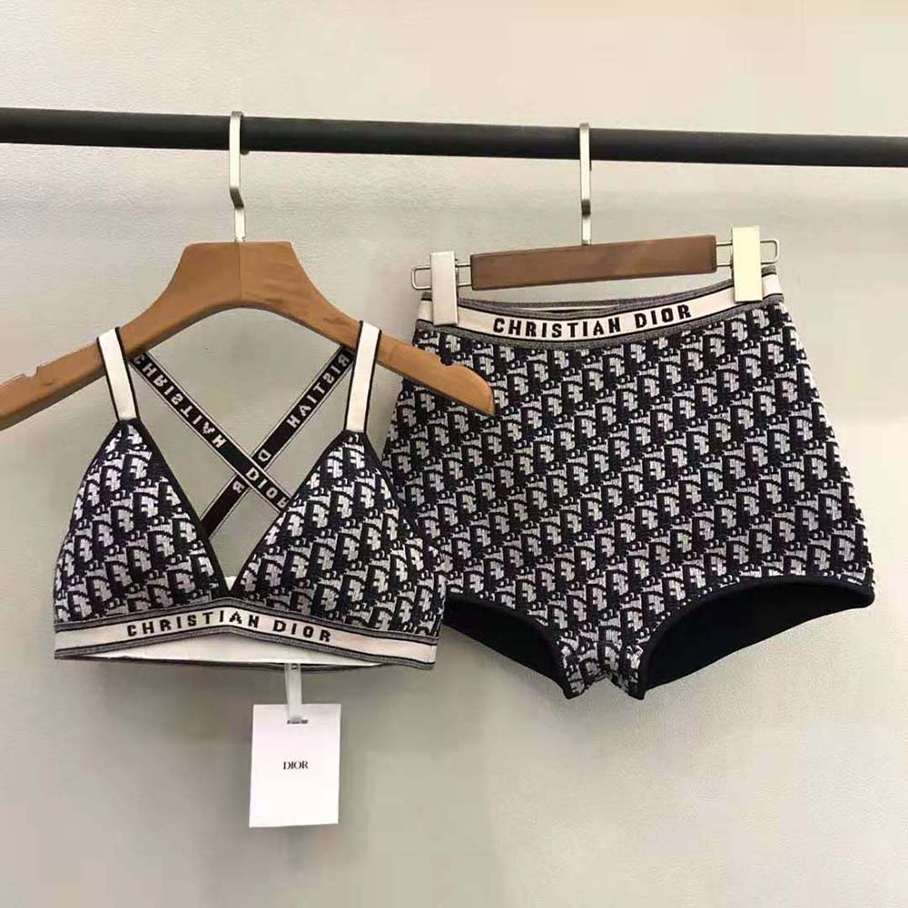 Close-up detail of blue Dior Oblique print on bralette band