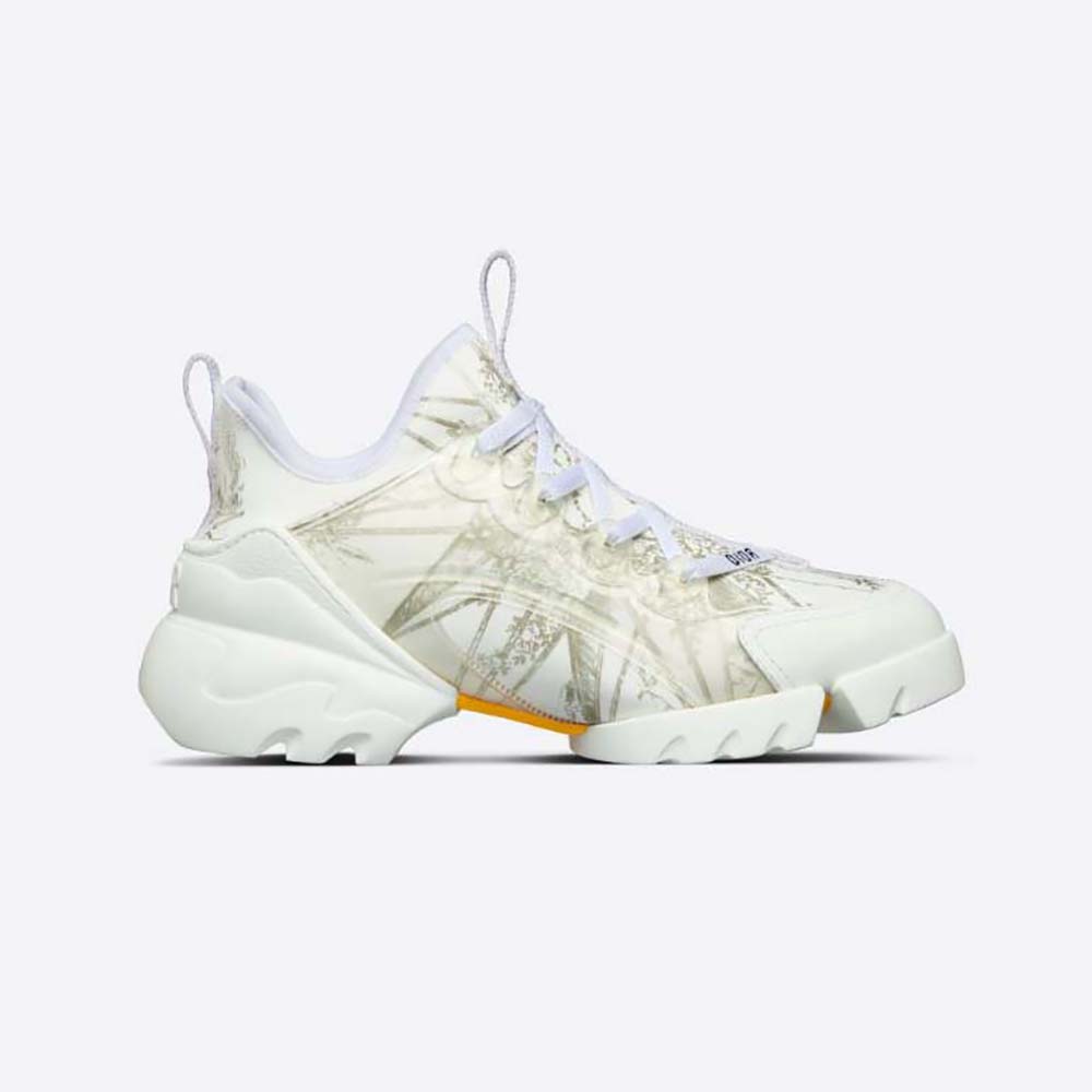 Side view of Dior Women D-Connect Sneaker White and Gold-Tone Technical Fabric