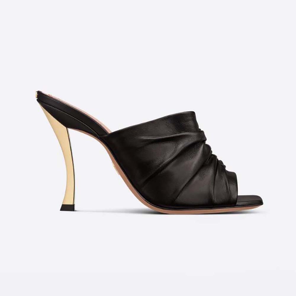 Side view of Dior Women D-Fame Heeled Sandal Black Pleated Lambskin