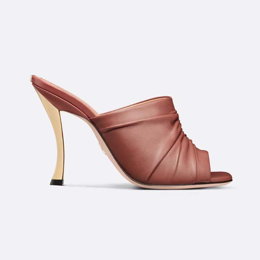 Front angle of Dior Women D-Fame Heeled Sandal in rust pleated lambskin