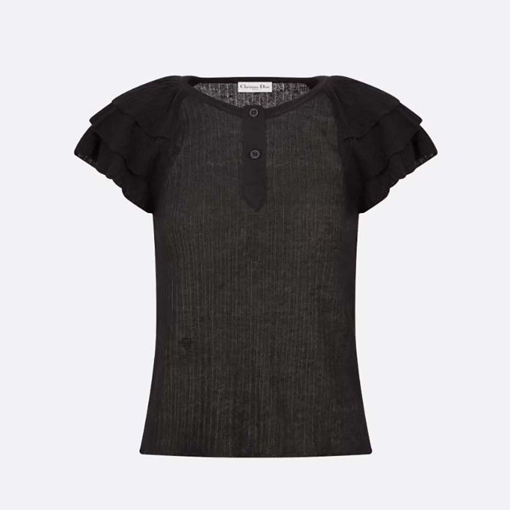 Front view of Dior Women Frilled Top Black Linen Knit showing frilled detail