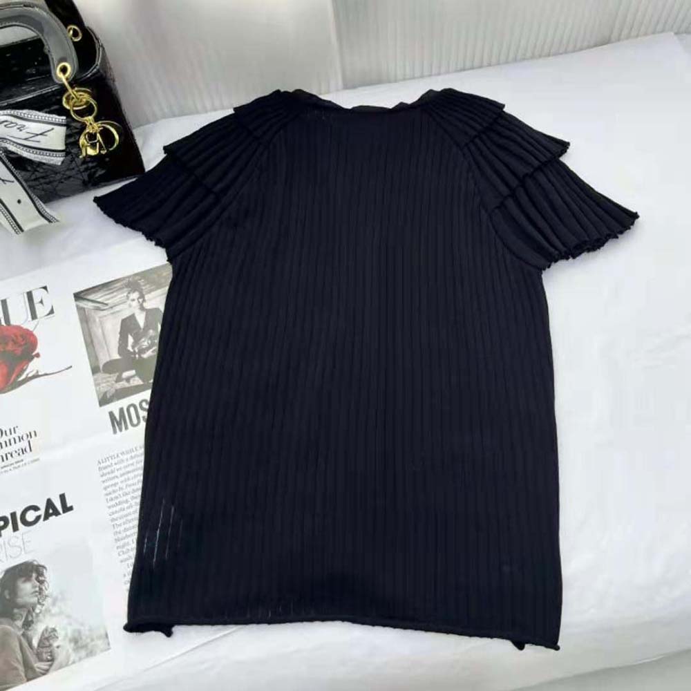 Side angle of Dior Women Frilled Top Black Linen Knit highlighting silhouette