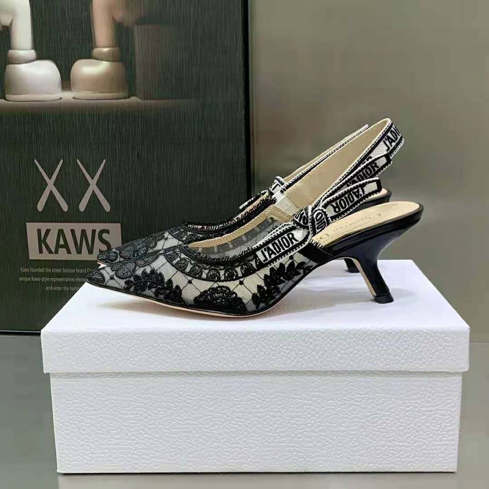 Dior Women J’Adior Slingback Pump Black Transparent Mesh Embroidered with Dior Roses Motif - image 6