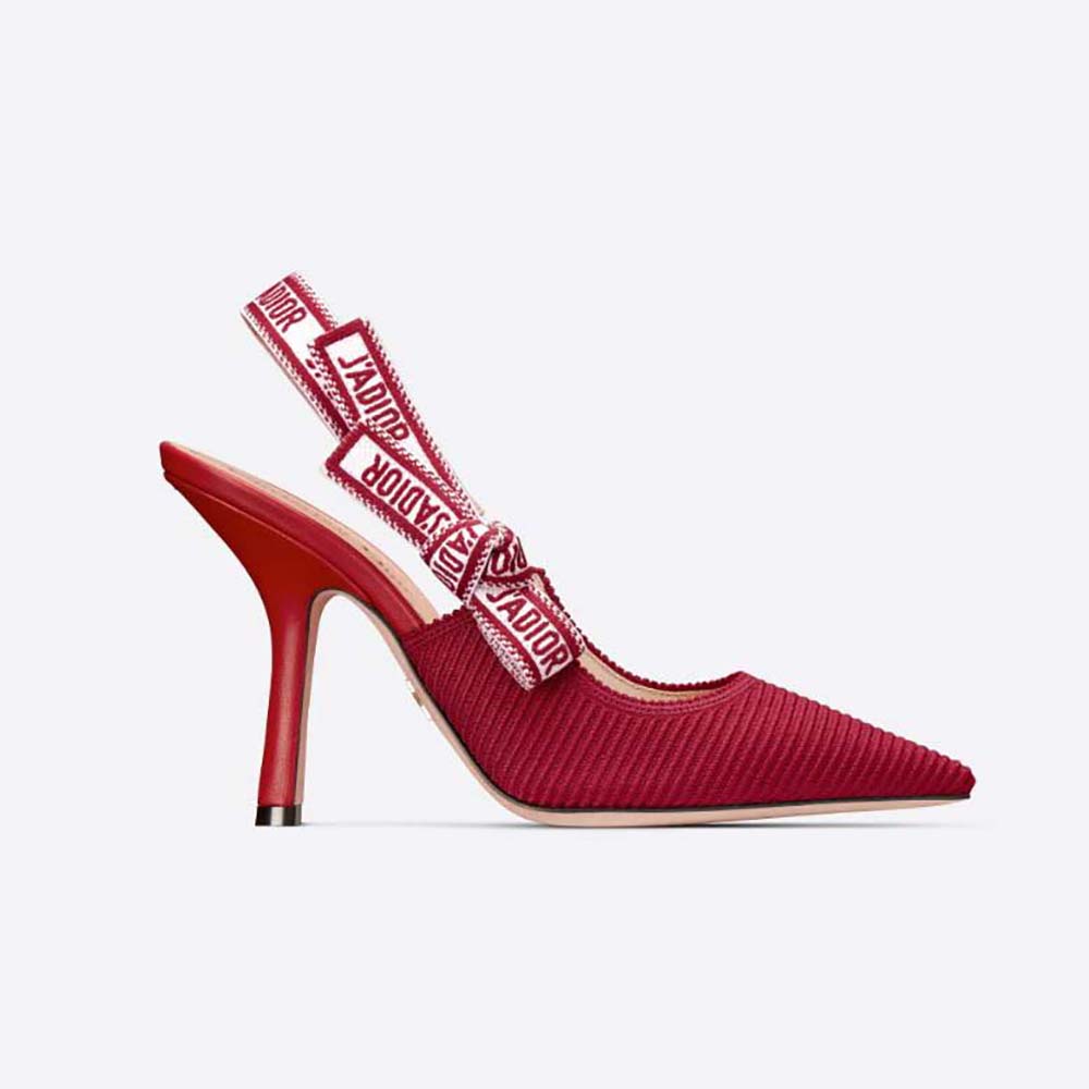 Side view of Dior Women J’Adior Slingback Pump Cherry Red Embroidered Cotton