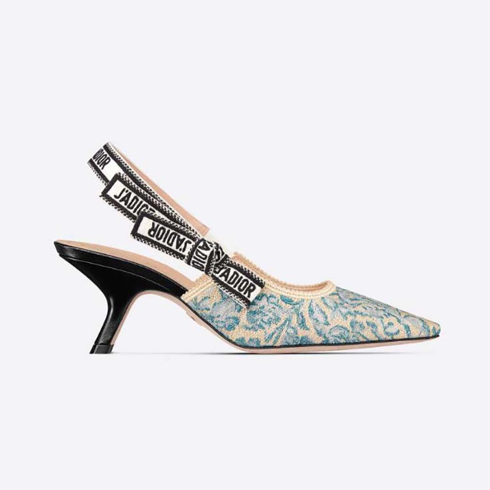 Side view of Dior Women J’Adior Slingback Pump Duck Blue Dior Brocart Embroidered Cotton