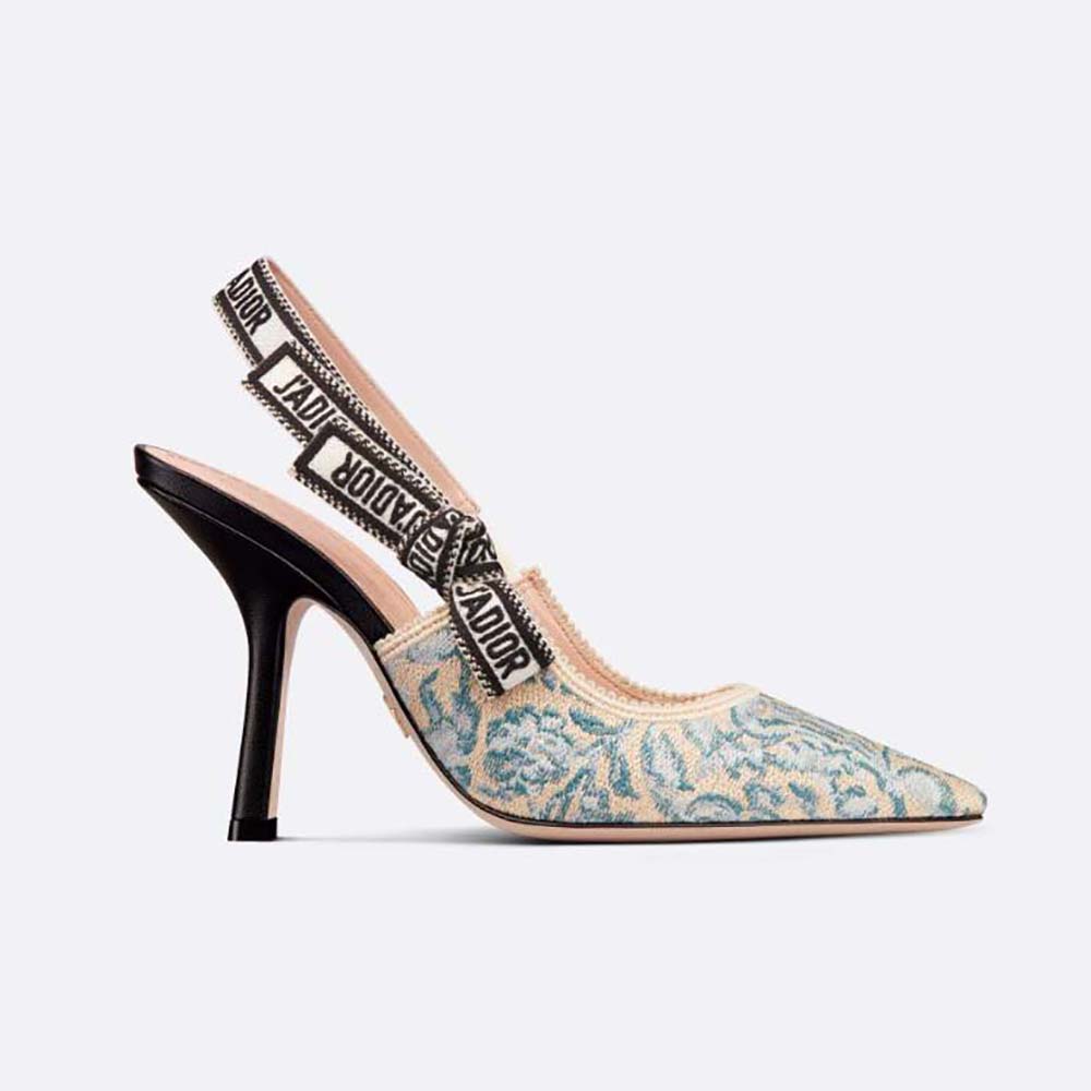 Side angle of Dior Women J’Adior Slingback Pump Duck Blue with embroidery