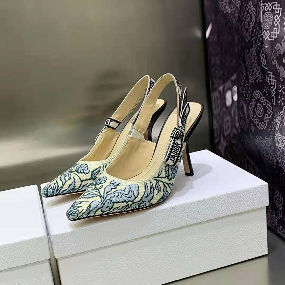 Dior Women J’Adior Slingback Pump Duck Blue Dior Brocart Embroidered Cotton with Gold-Tone Metallic Thread - image 9