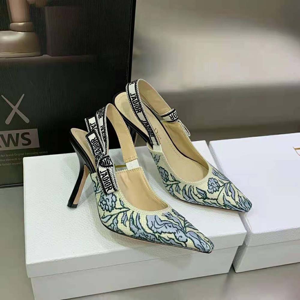 Dior Women J’Adior Slingback Pump Duck Blue Dior Brocart Embroidered Cotton with Gold-Tone Metallic Thread - image 8
