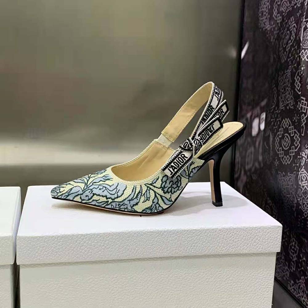 Dior Women J’Adior Slingback Pump Duck Blue Dior Brocart Embroidered Cotton with Gold-Tone Metallic Thread - image 5