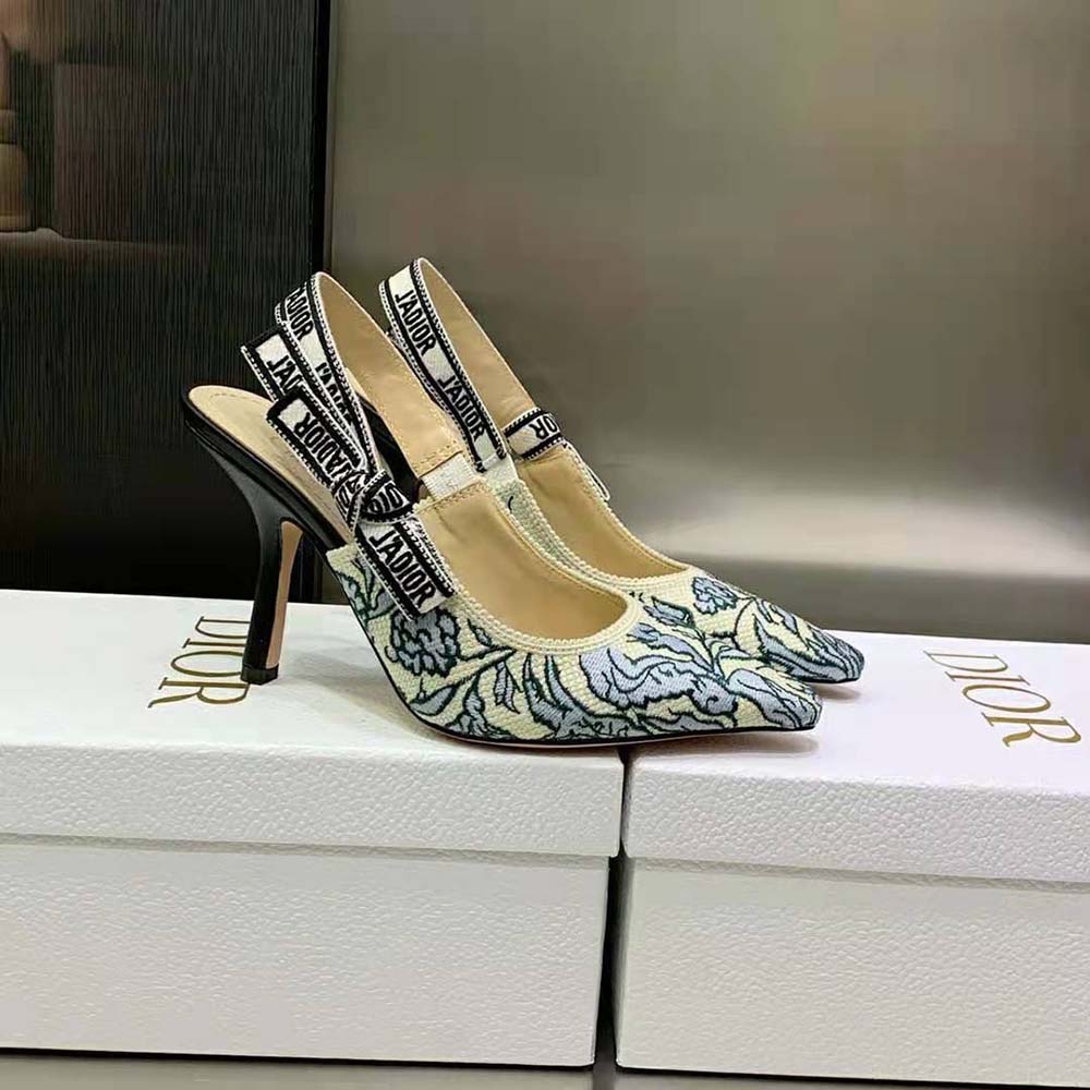 Dior Women J’Adior Slingback Pump Duck Blue Dior Brocart Embroidered Cotton with Gold-Tone Metallic Thread - image 4