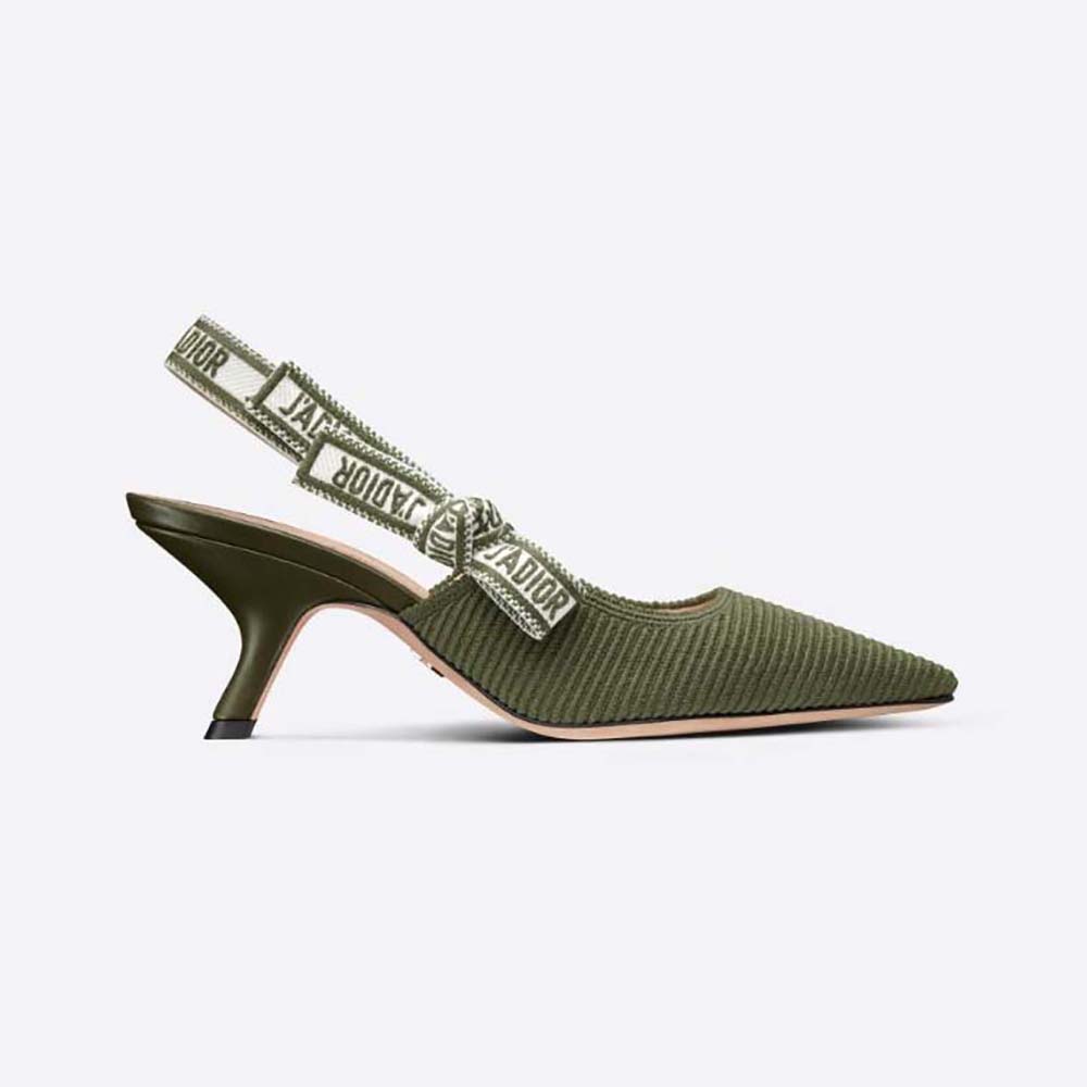 Side view of Dior Women J’Adior Slingback Pump Khaki Embroidered Cotton