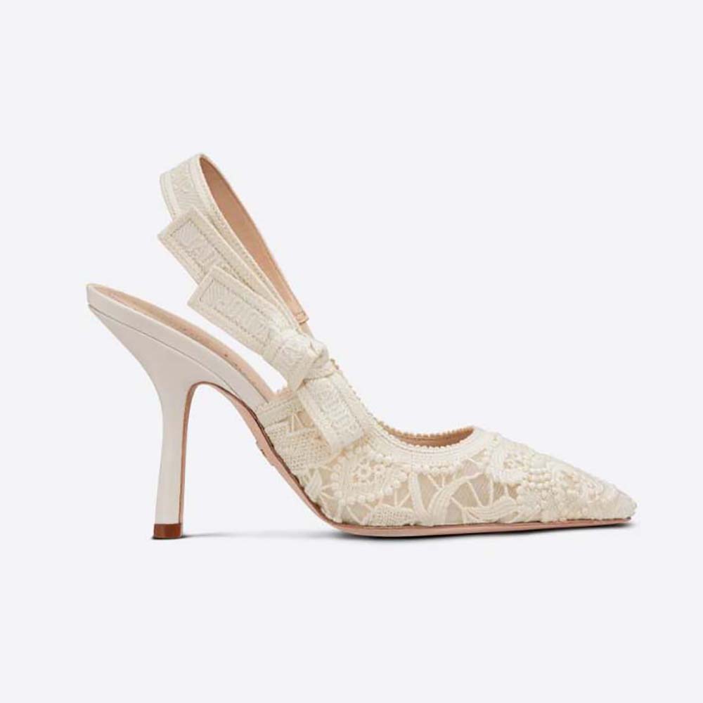 Side angle of Dior Women J’Adior Slingback Pump White Macramé Embroidered Cotton