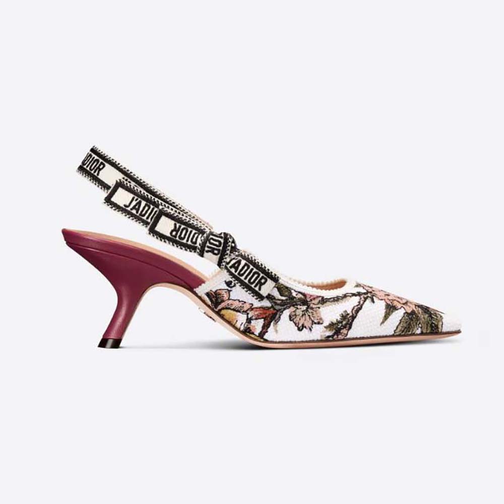 Side profile of Dior Women J’Adior Slingback Pump White Multicolor Embroidered Cotton