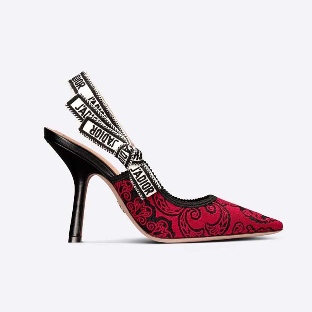 Dior Women J’Adior Slingback Pump Black and Red Cotton with Dior Bandana Embroidery