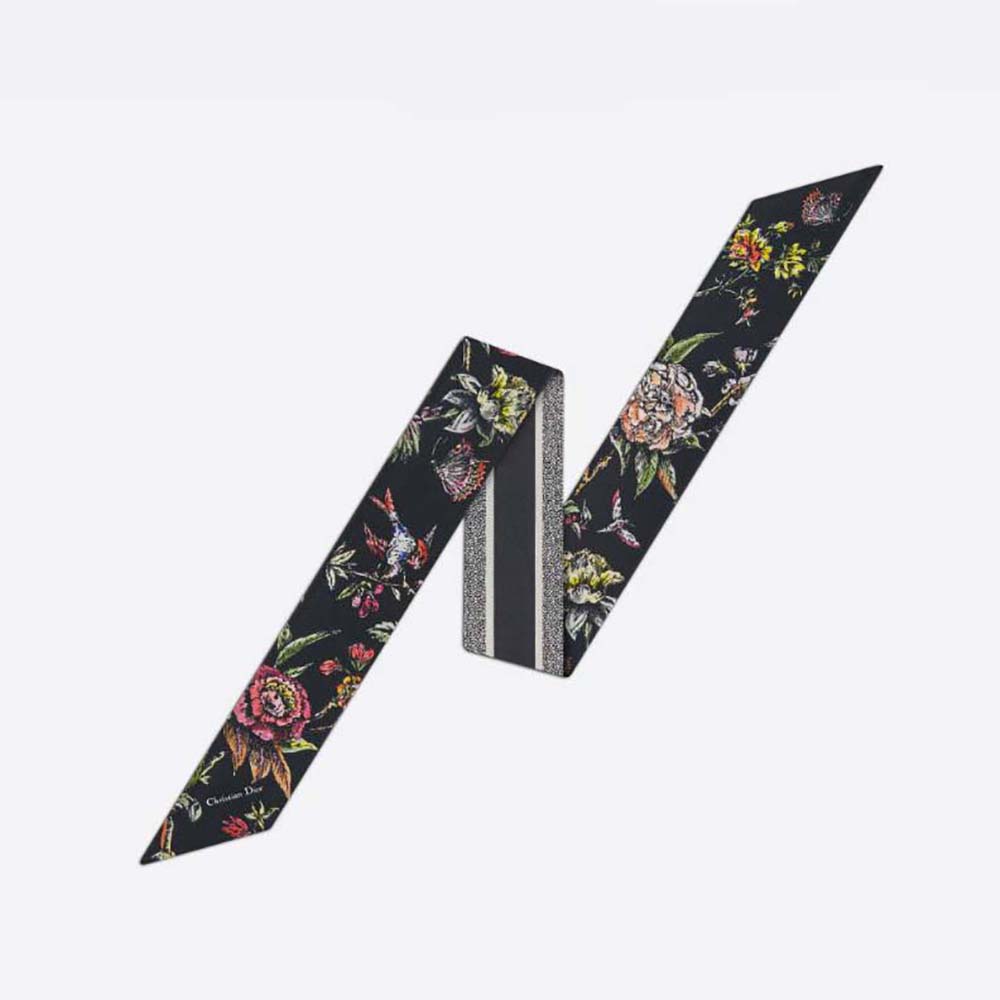 Front view of Dior Women Jardin Botanique Mitzah Scarf in black multicolor silk twill