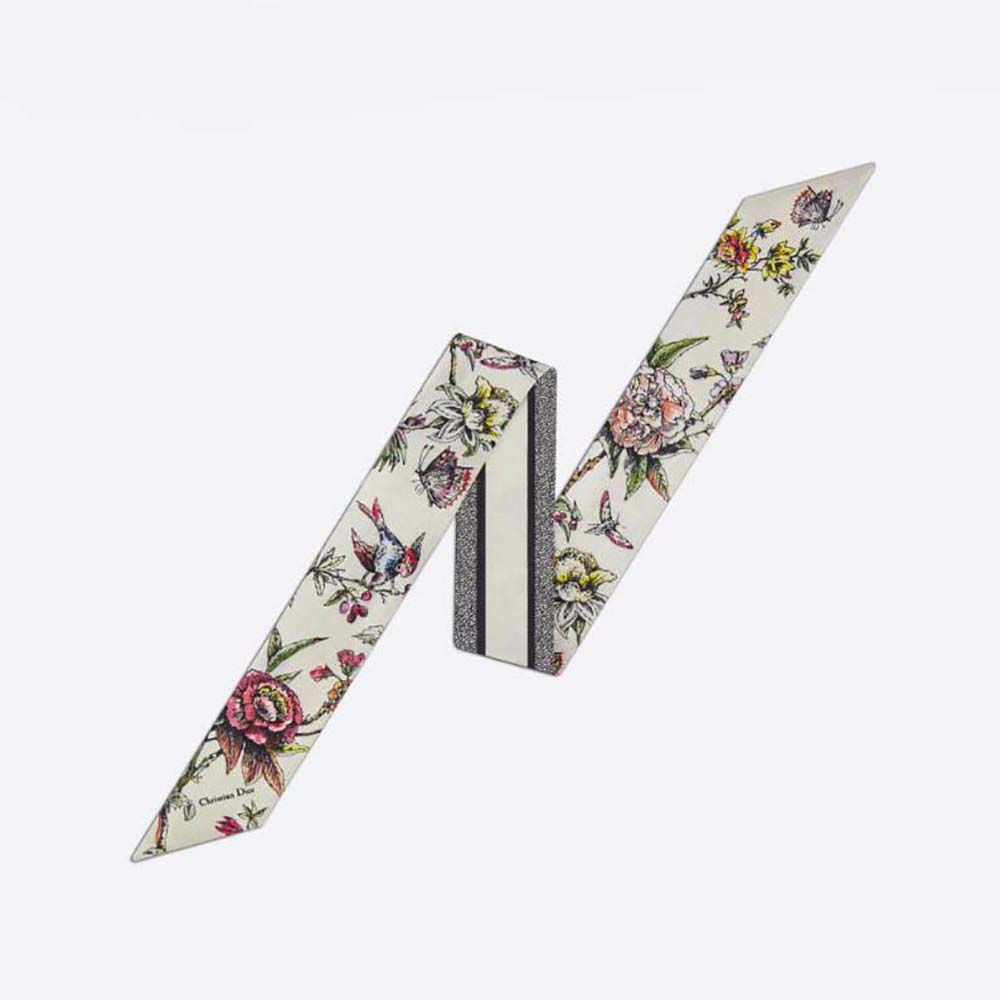 Front view of Dior Women Jardin Botanique Mitzah Scarf white multicolor silk twill