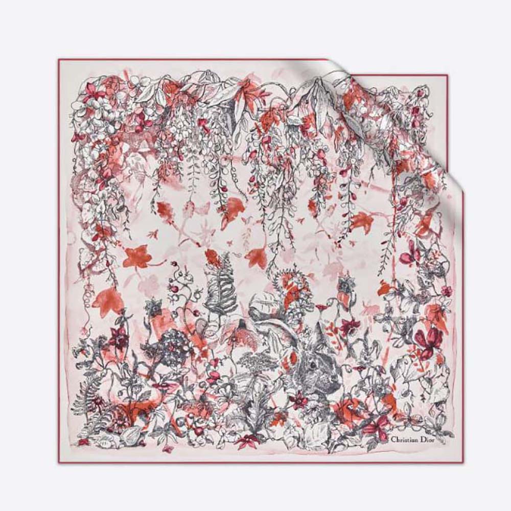 Front view of Dior Women Jardin Magique 70 Square Scarf in rose silk twill