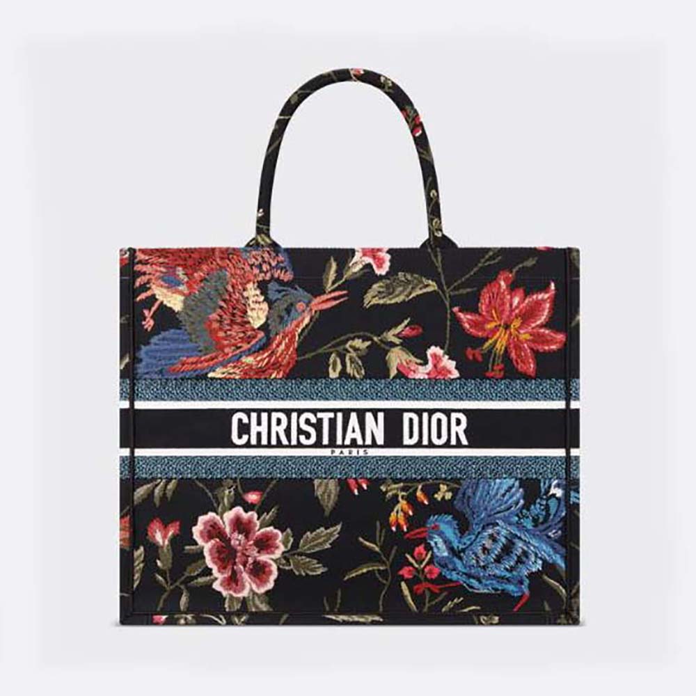 Front view of Dior Women Large Dior Book Tote Black Multicolor Dior Birds Embroidery