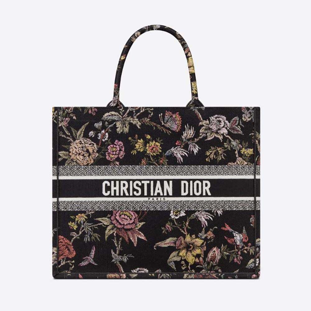 Front view of Dior Women Large Dior Book Tote with Jardin Botanique embroidery