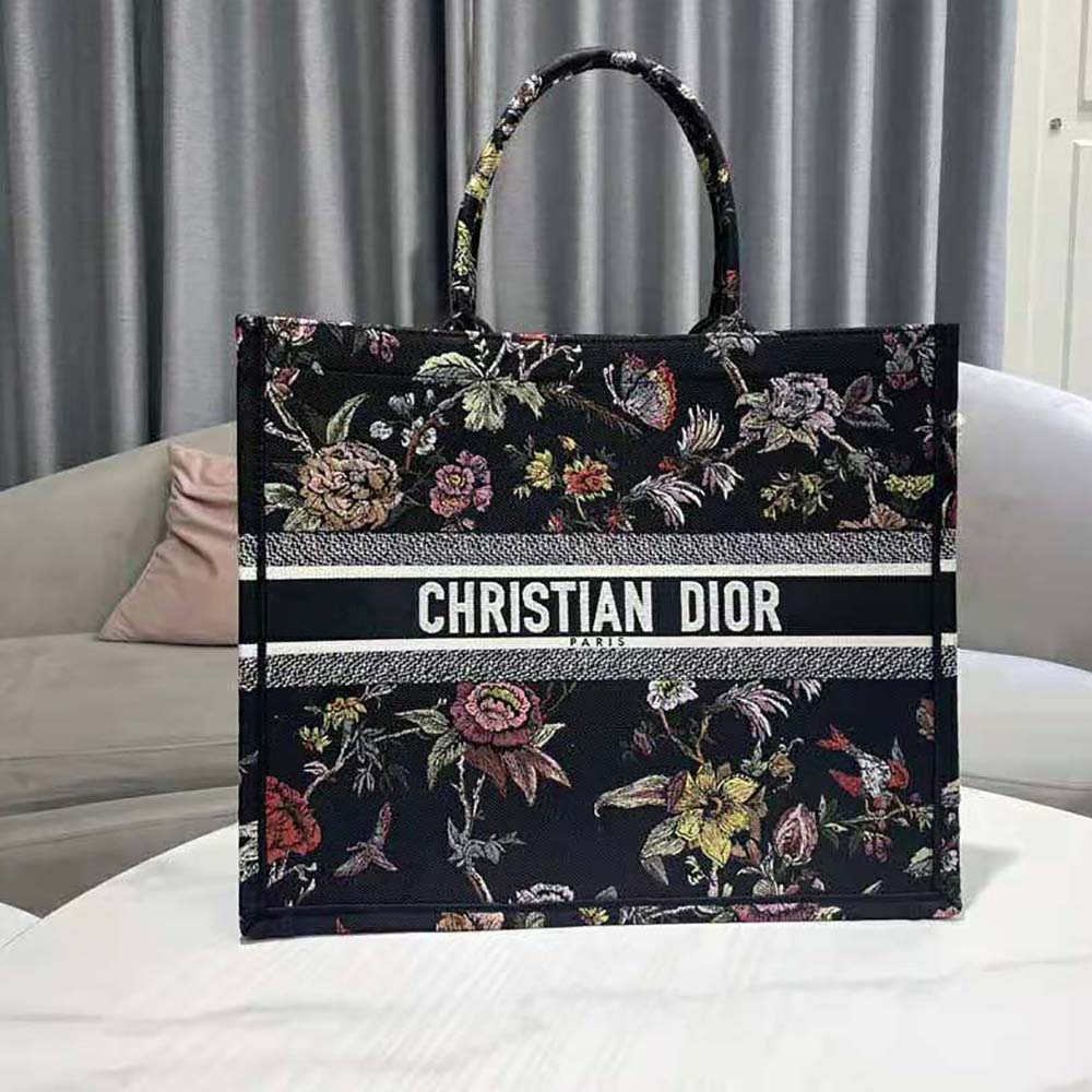 Close-up detail of black multicolor embroidery on Dior Women Large Dior Book Tote