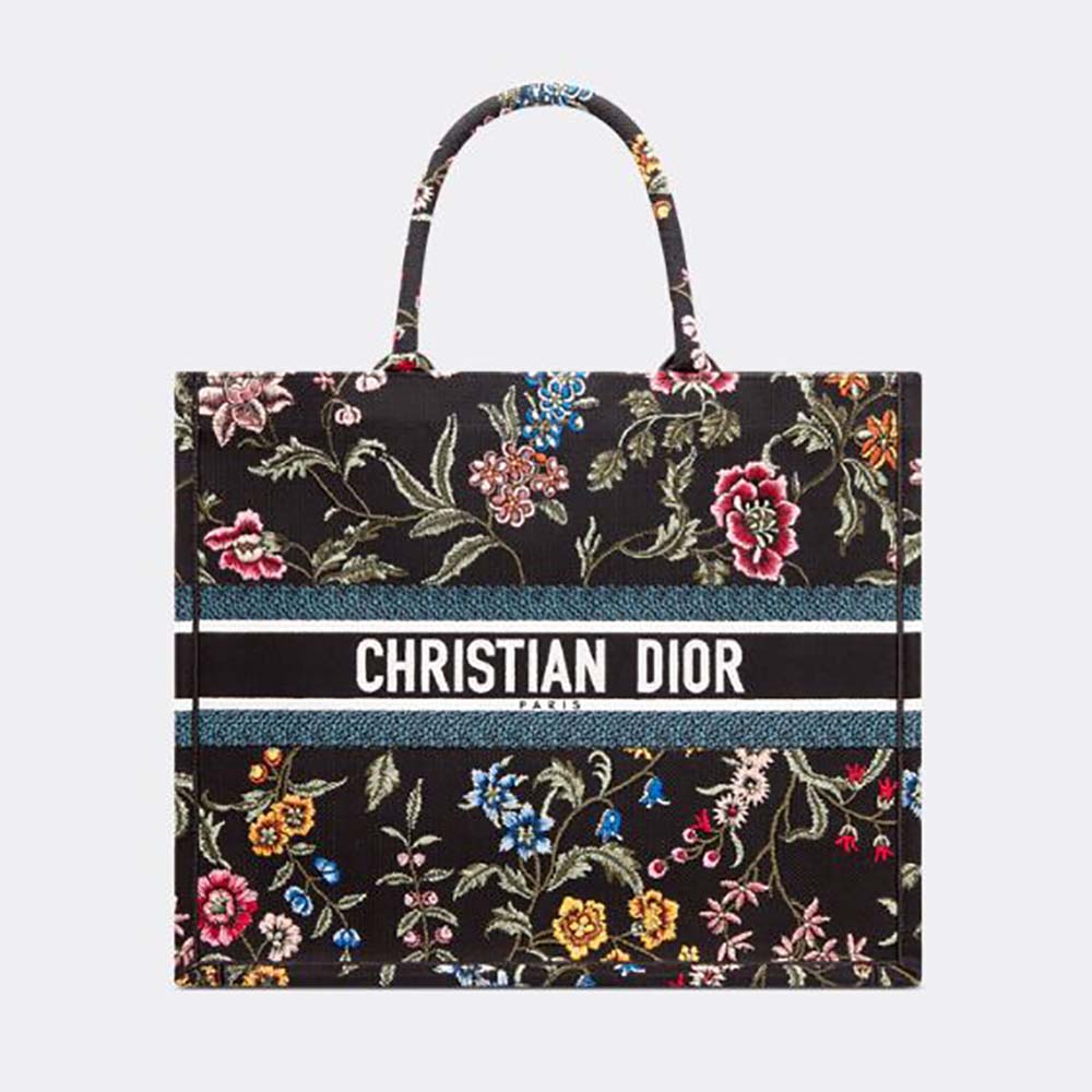 Front view of Dior Women Large Dior Book Tote Black Multicolor Dior Petites Fleurs Embroidery