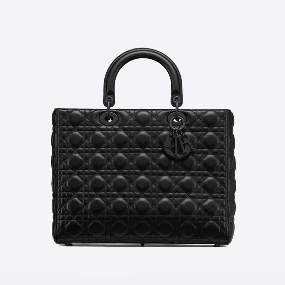 Front view of Dior Women Large Lady Dior Bag in black ultramatte calfskin