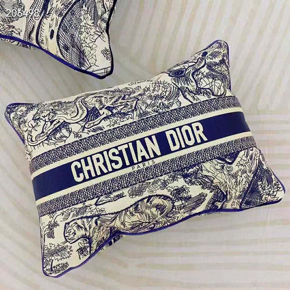 Close-up of blue Toile de Jouy print on Dior Women Large Rectangular Pillow