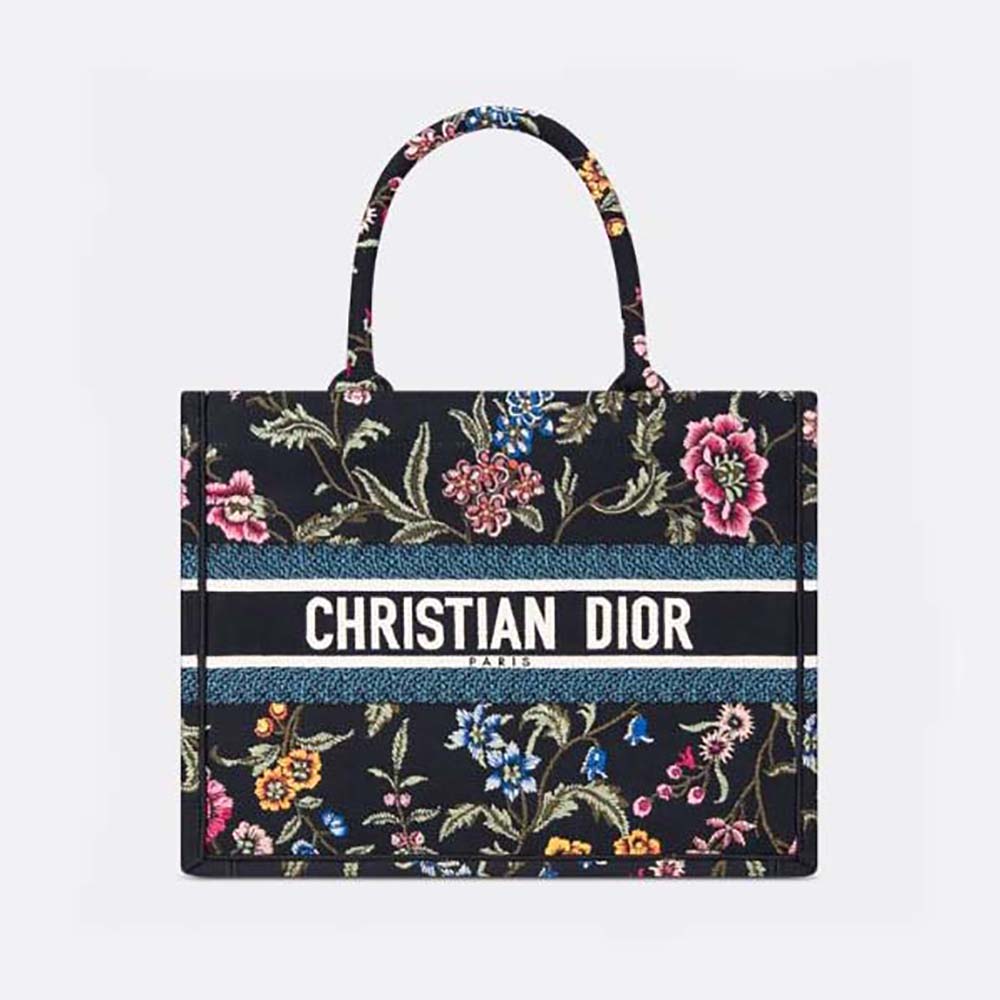 Front view of Dior Women Medium Dior Book Tote Black Multicolor Dior Petites Fleurs Embroidery