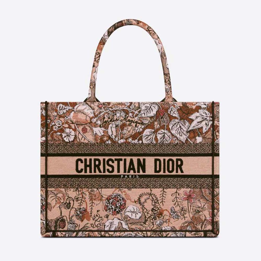 Front angle of Dior Women Medium Dior Book Tote Powder Pink Dior Jardin Magique Embroidery