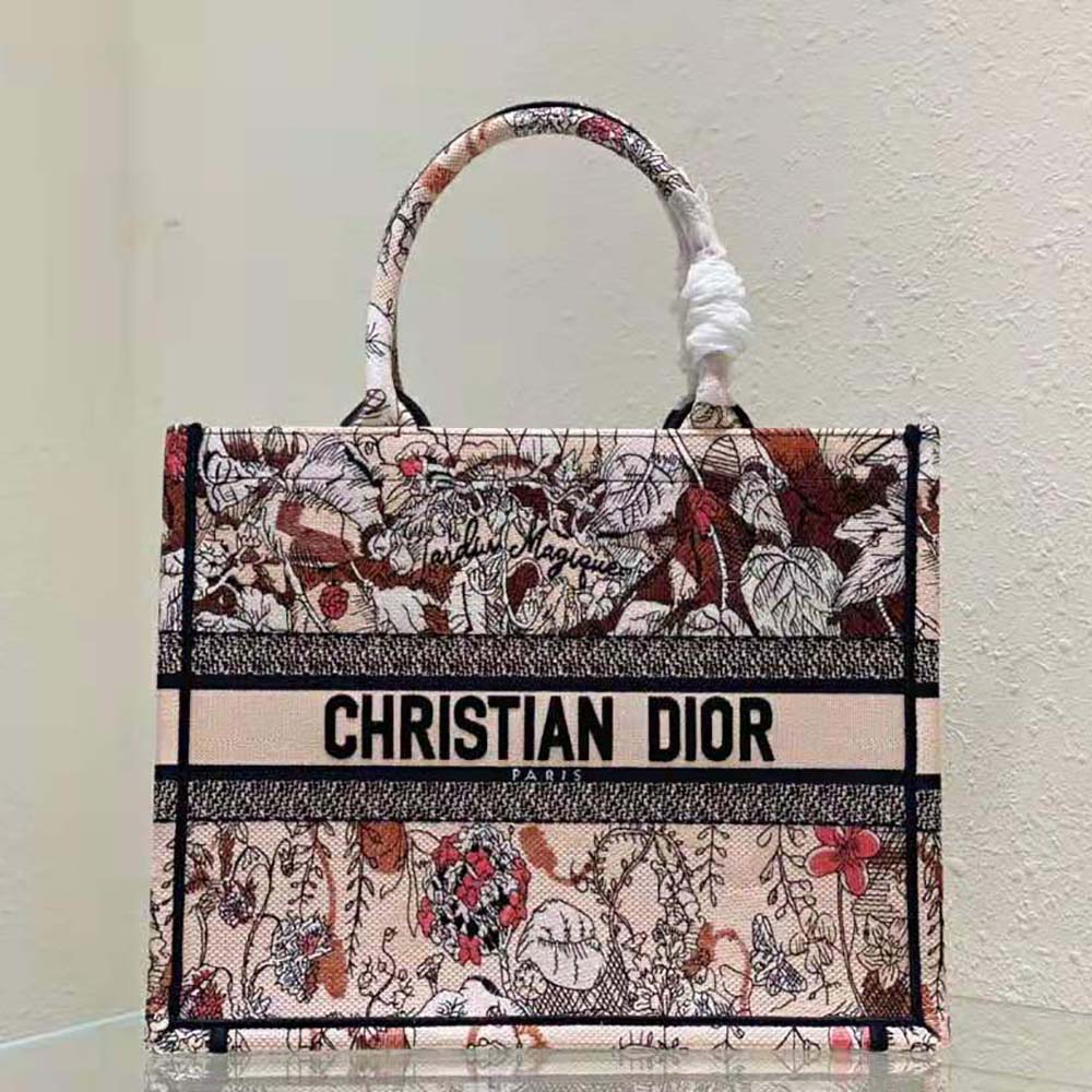 Close-up of Jardin Magique embroidery on Dior Women Medium Dior Book Tote in pink