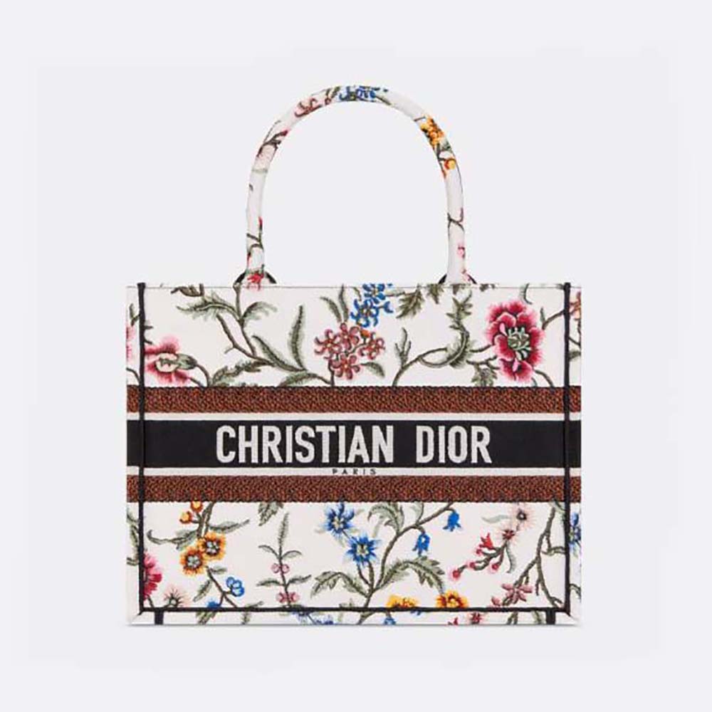 Front view of Dior Women Medium Dior Book Tote White Multicolor Dior Petites Fleurs Embroidery