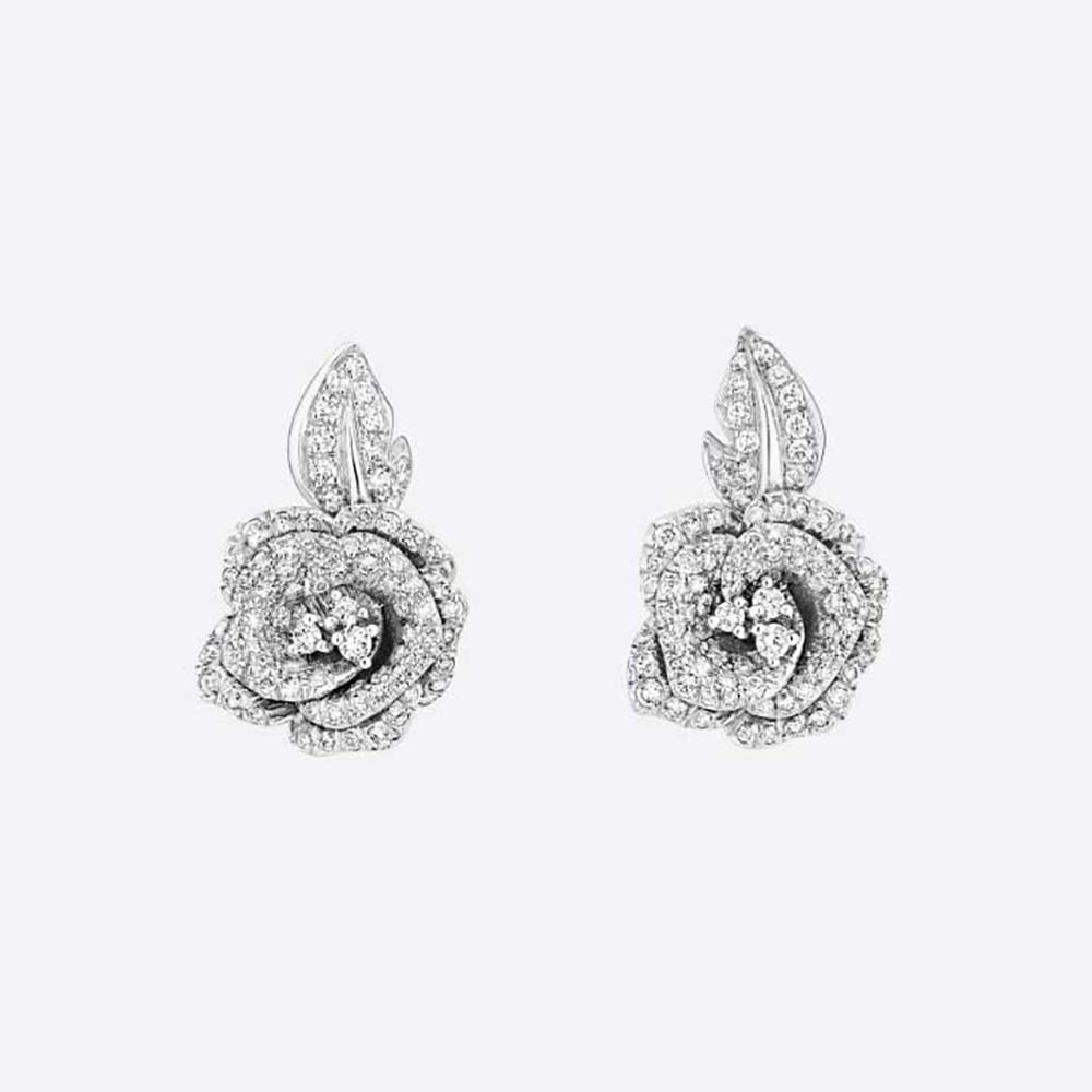 Front view of Dior Women Medium Rose Dior Bagatelle Earrings 18K White Gold and Diamonds