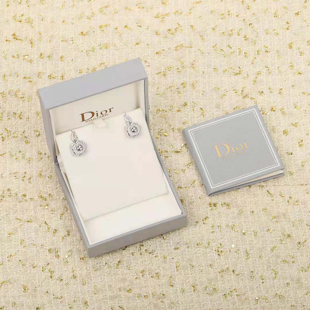 Close-up detail of diamond and rose motif on Dior Women Medium Rose Dior Bagatelle Earrings
