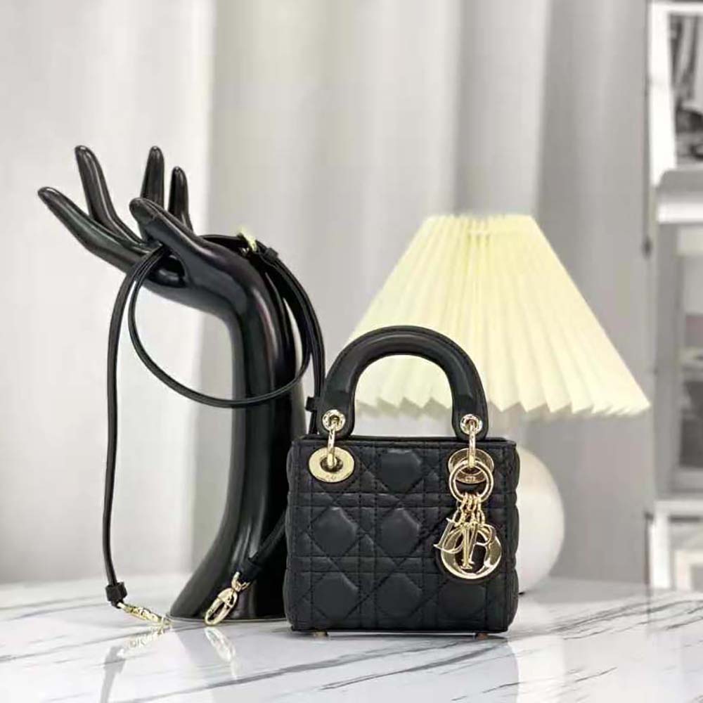 Close-up detail of Cannage stitching on Dior Women Micro Lady Dior Bag