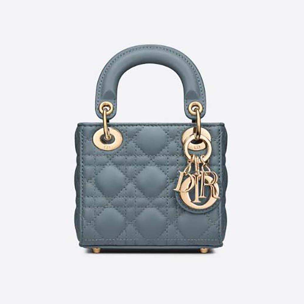 Front view of Dior Women Micro Lady Dior Bag Cloud Blue Cannage Lambskin