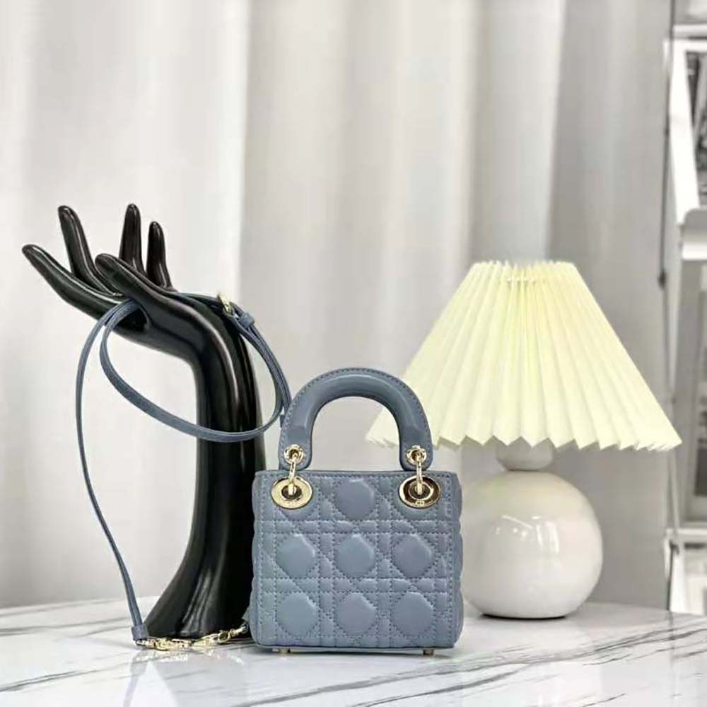 Side angle showing quilted Cannage pattern on Dior Women Micro Lady Dior Bag