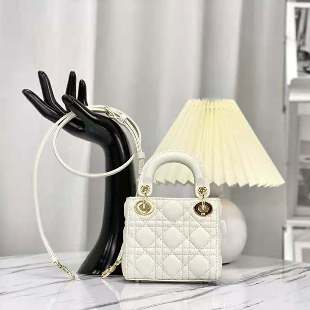 Side angle showing silhouette of Dior Women Micro Lady Dior Bag Latte Cannage Lambskin
