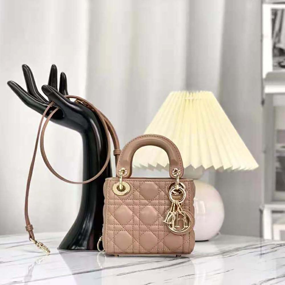 Close-up of silver-tone Cannage hardware on Micro Lady Dior Bag