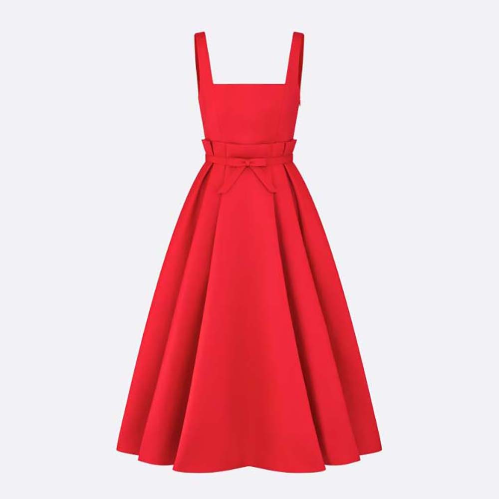 Front view of Dior Women Mid-Length Dress Red Wool and Silk Shantung