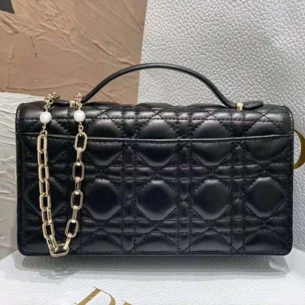 Side profile showing the adjustable strap on Dior Women Mini Miss Dior Bag Black Cannage Lambskin