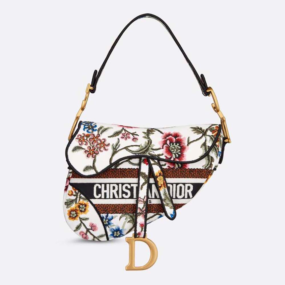 Front view of Dior Women Saddle Bag White Multicolor Dior Petites Fleurs Embroidery